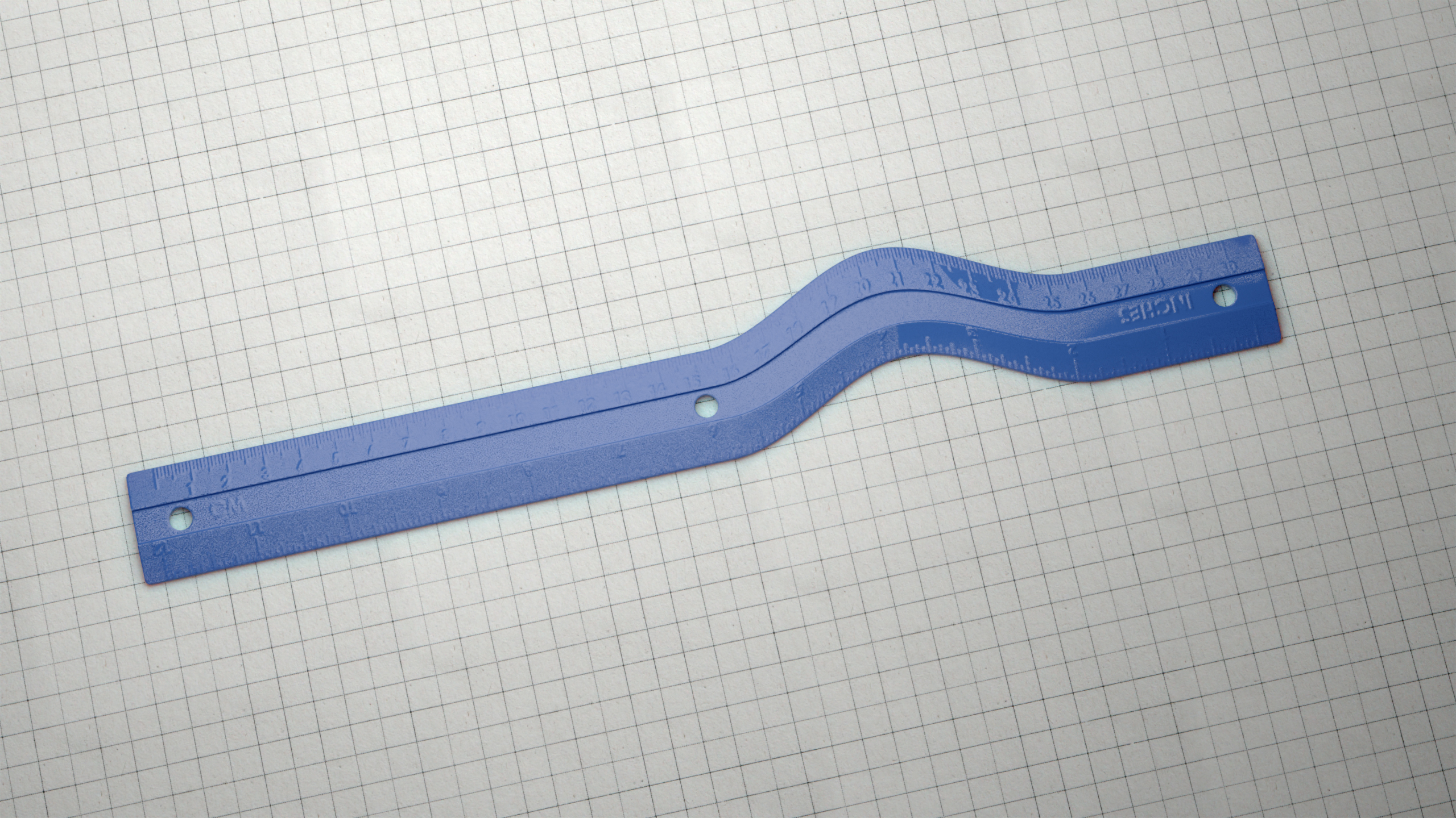 A blue ruler bent out of shape on graph paper